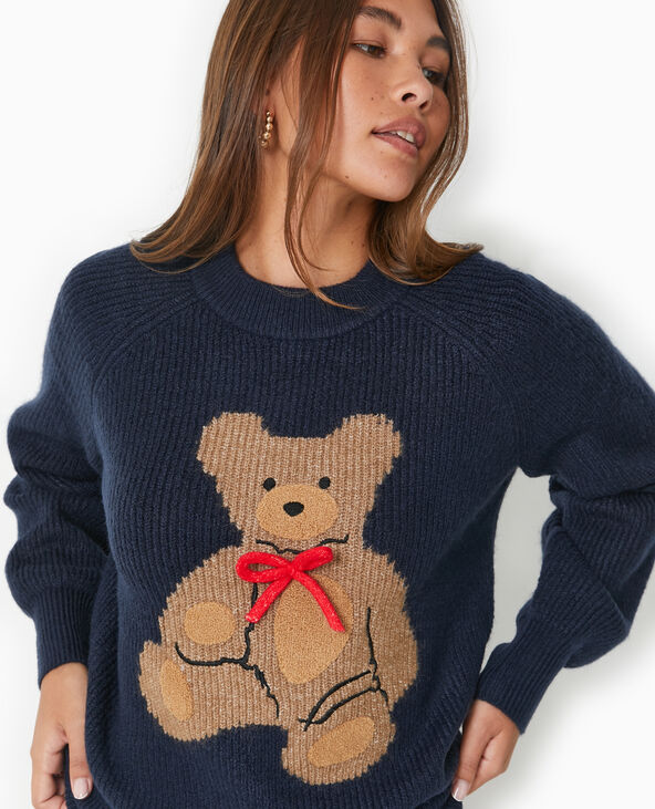 Pull oversize avec ourson et nœud bleu marine - Pimkie