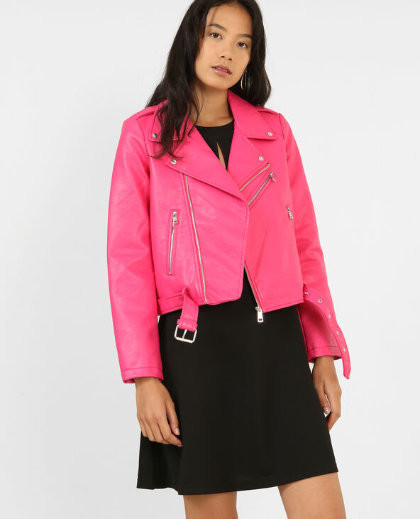 Veste biker en simili cuir rose fuchsia - Pimkie