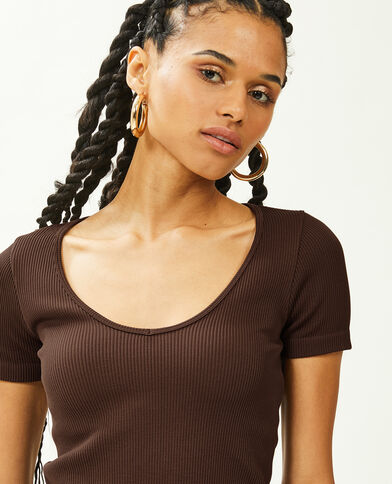 T-shirt cropped col V marron - Pimkie