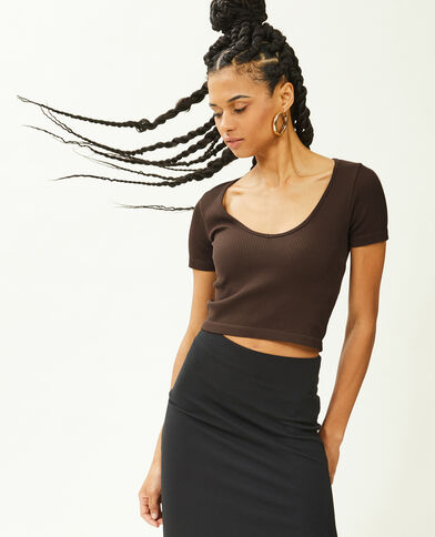 T-shirt cropped col V marron - Pimkie