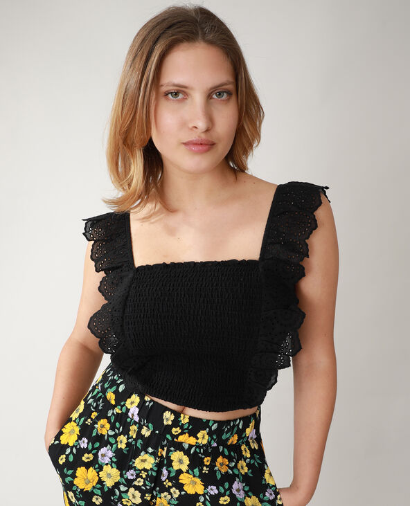 Top smocké avec broderie anglaise noir - Pimkie