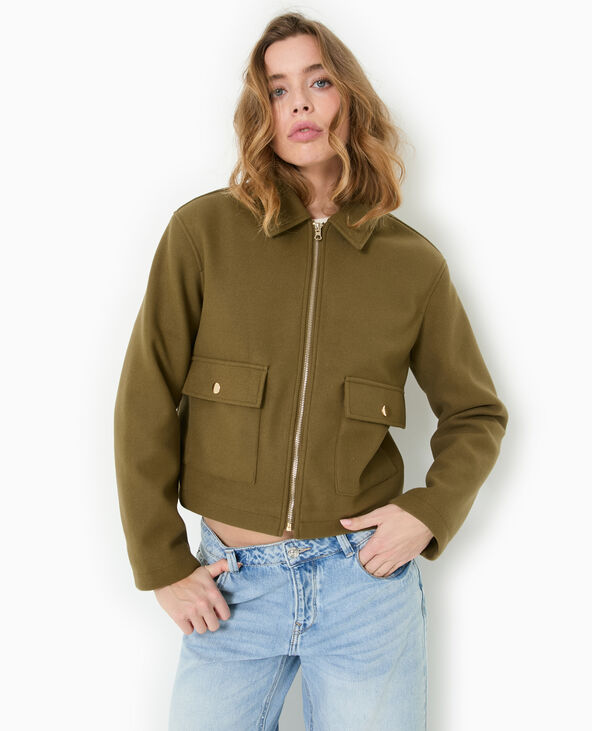 Manteau court effet drap de laine vert kaki - Pimkie