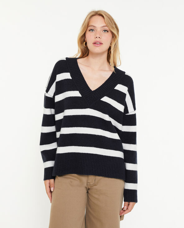 Pull droit rayé avec grand col V bleu marine - Pimkie