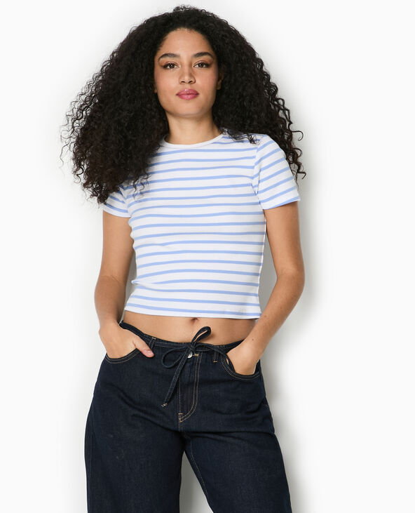 T-shirt court en maille côtelée rayée bleu - Pimkie