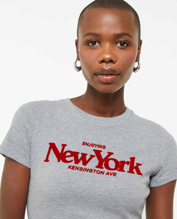 T-shirt manches courtes avec flocage velours gris chiné - Pimkie