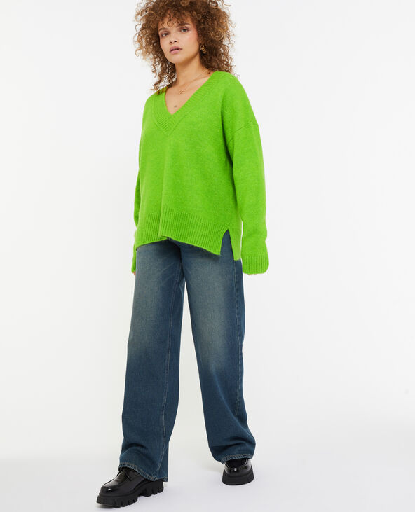 Pull droit avec grand col V vert kaki - Pimkie