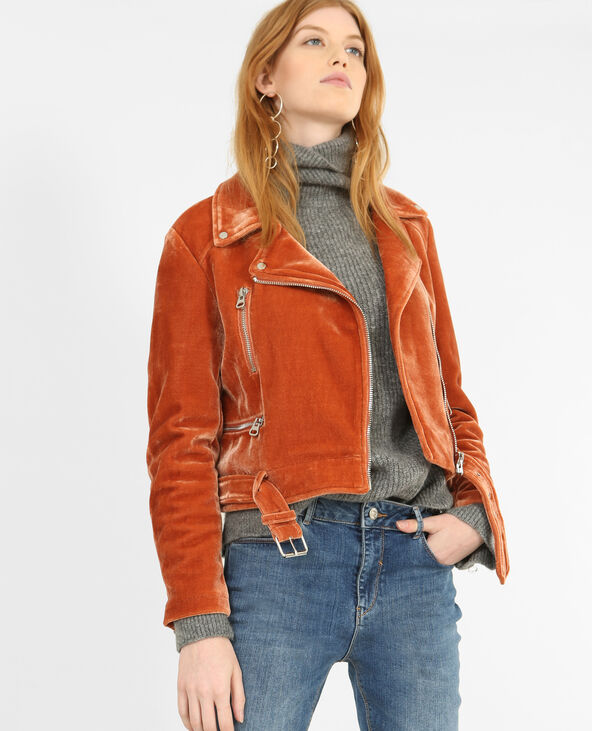 Veste biker effet velours orange - Pimkie