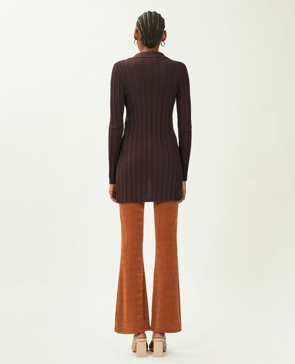 Gilet long en maille côtelée col polo marron - Pimkie