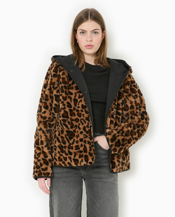 Manteau court réversible avec fourrure motif léopard noir - Pimkie