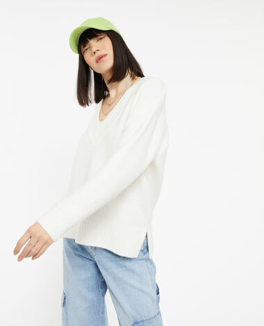 Pull droit avec grand col V blanc - Pimkie