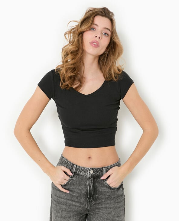 T-shirt court col V noir - Pimkie