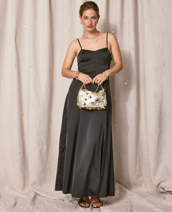 Robe longue et évasée en tissu satiné noir - Pimkie