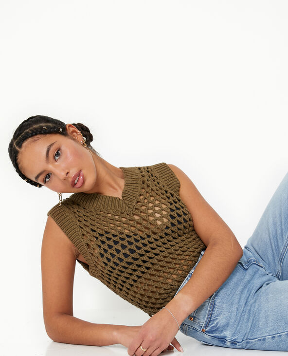 Pull sans manches en maille ajourée vert kaki - Pimkie