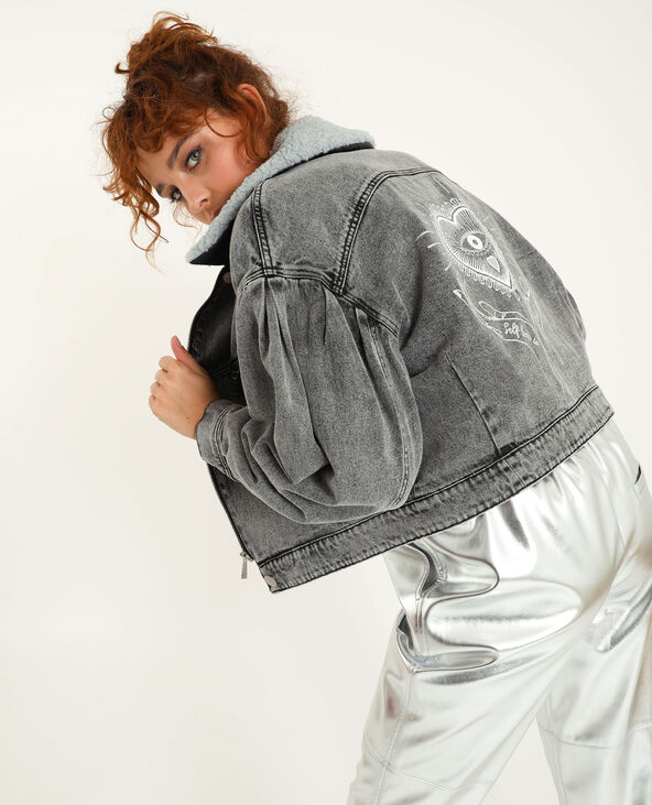 Blouson en jean col fourrure gris - Pimkie