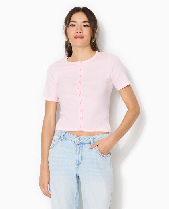 T-shirt boutonné en maille côtelée rose clair - Pimkie