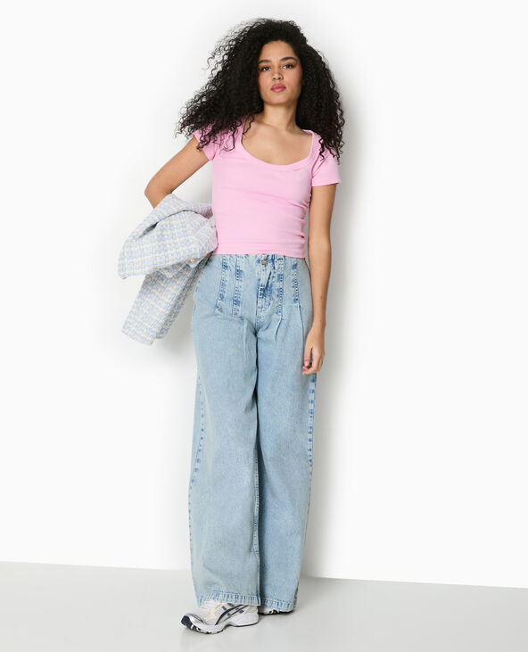T-shirt maille côtelée grande encolure rose - Pimkie