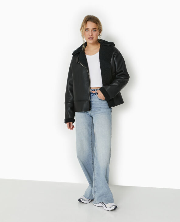 Blouson bombardier en simili avec sherpa noir - Pimkie