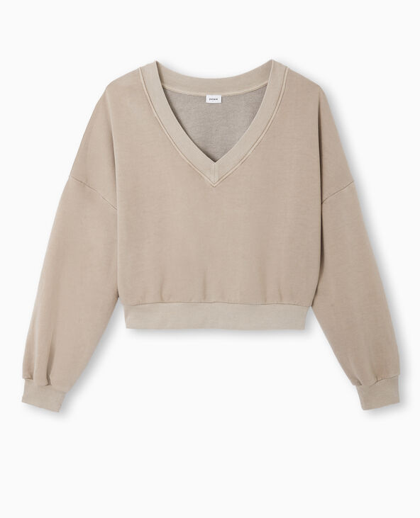 Sweat grand col V taupe - Pimkie