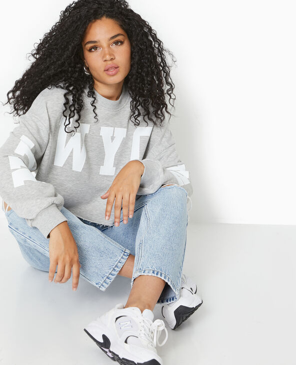 Sweat cropped base coupée avec NEW YORK gris chiné - Pimkie