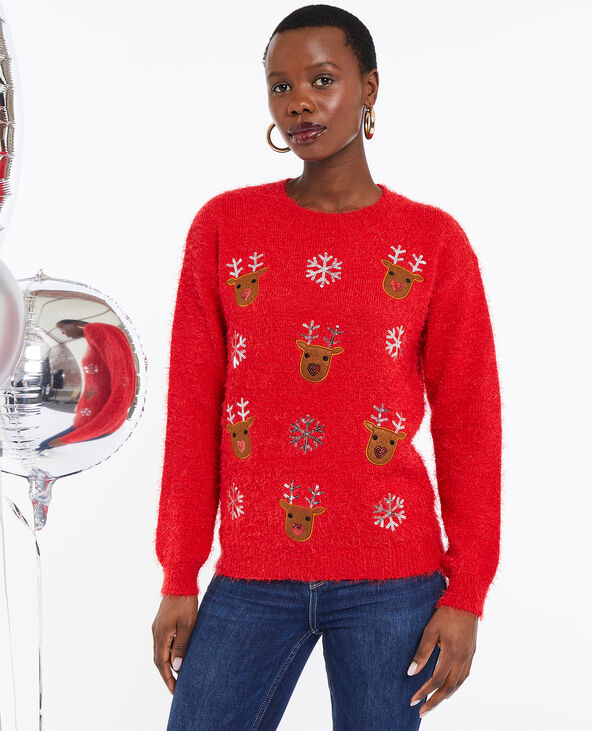 Pull de Noël avec rennes et flocons orange - Pimkie