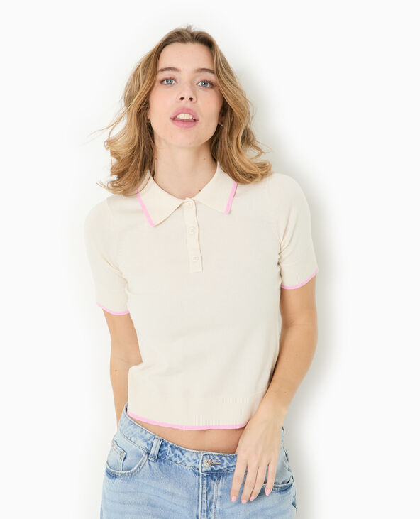 Pull manches courtes col polo bords contrastés écru - Pimkie