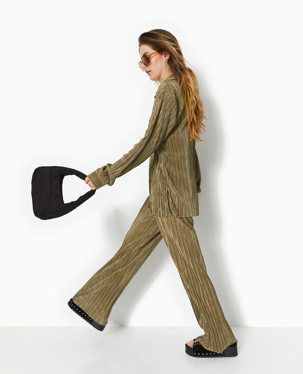 Pantalon large en tissu plissé et satiné vert kaki - Pimkie