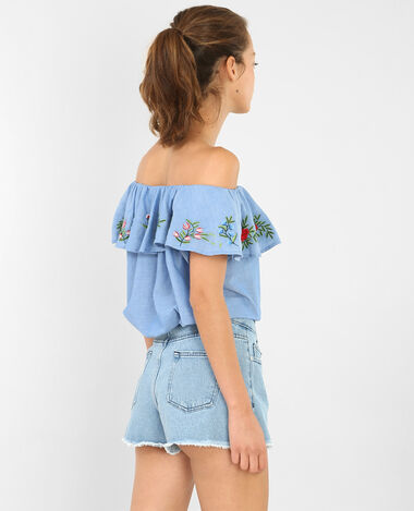 Blouse à col bardot brodée Jean bleached - Pimkie