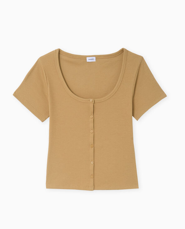 T-shirt court boutonné en maille côtelée camel - Pimkie