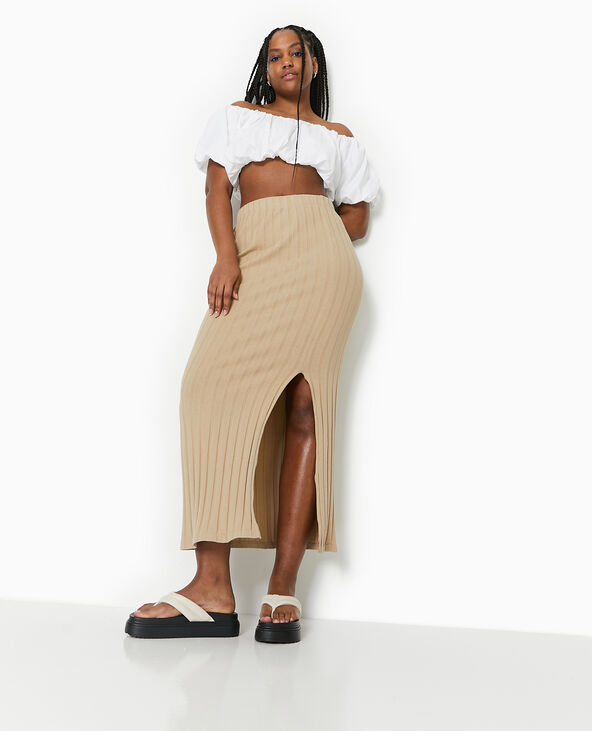 Jupe longue en maille côtes plates beige - Pimkie