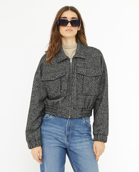 Blouson court en tweed effet chevrons noir - Pimkie