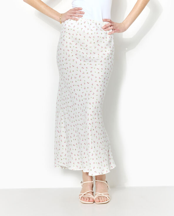 Jupe longue tissu satiné motif fleurs blanc - Pimkie