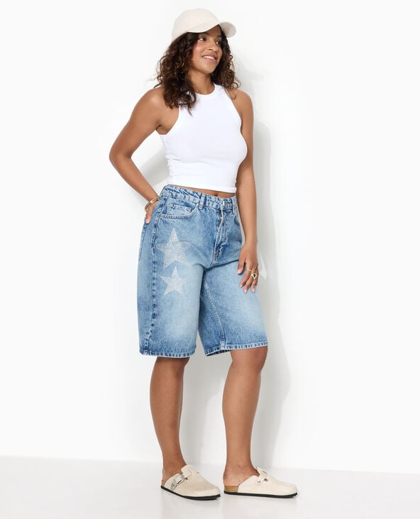 Bermuda large en jean avec étoiles en strass bleu - Pimkie