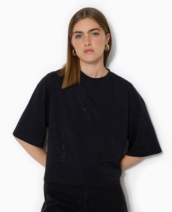 T-shirt manches courtes avec strass en all over noir - Pimkie