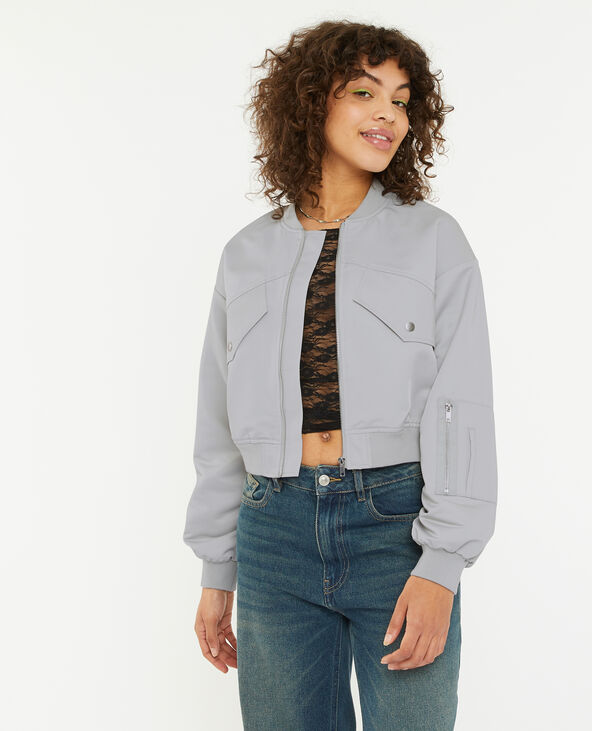 Bomber court en tissu satiné gris clair - Pimkie