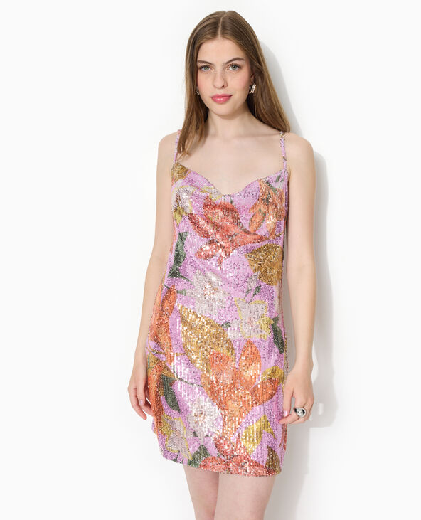 Robe courte avec sequins motifs fleurs et citrons rouge - Pimkie