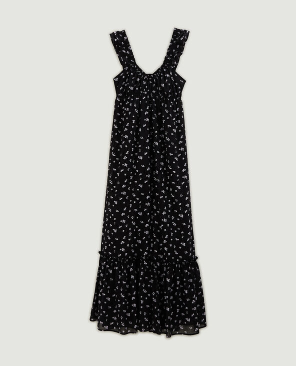 Robe longue motif fleurs avec volants noir - Pimkie