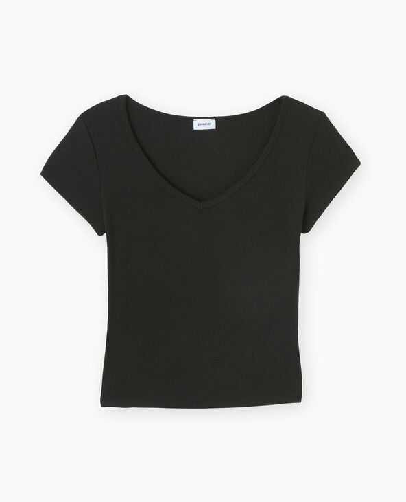 T-shirt court col V noir - Pimkie