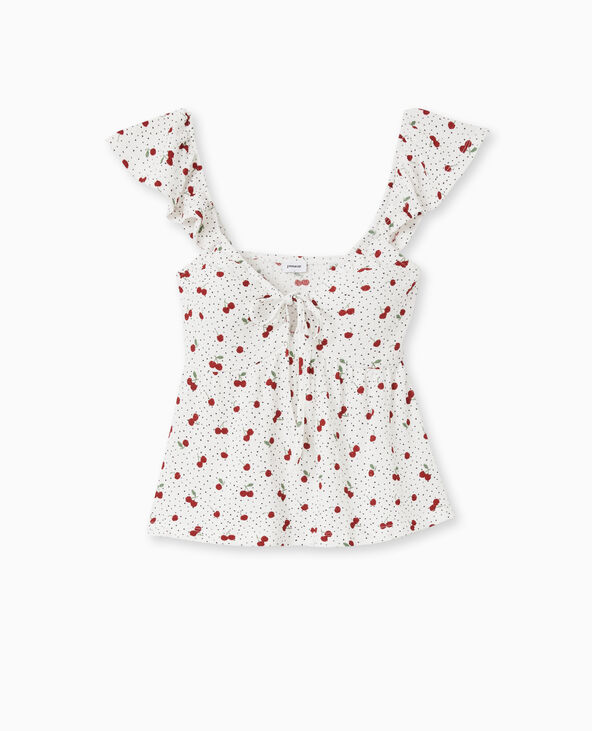 Top avec volants et nouettes motif cerises blanc - Pimkie
