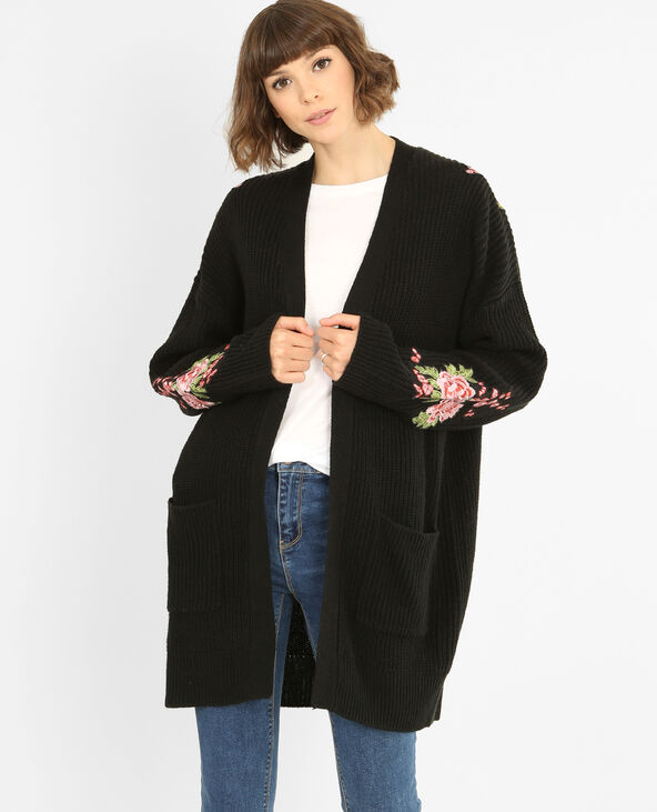 Gilet long brodé noir - Pimkie