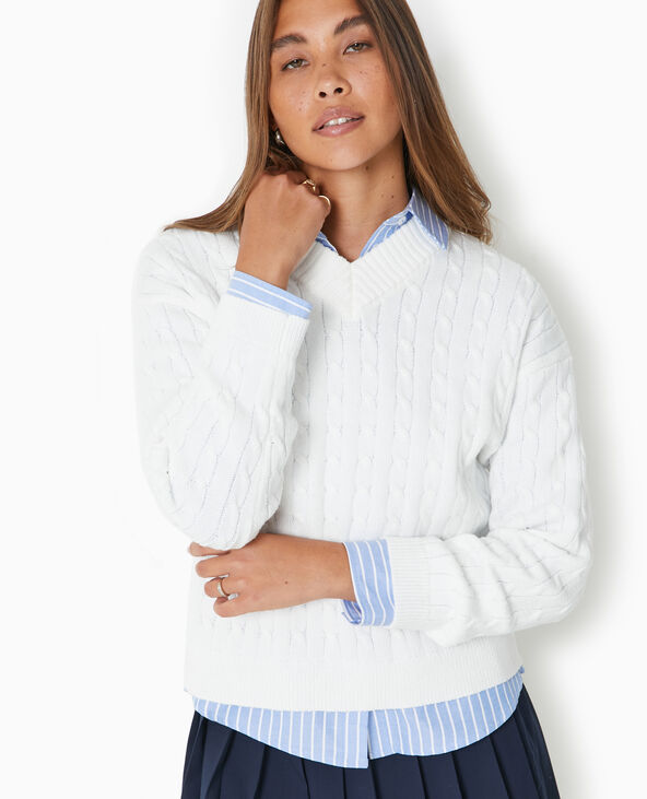 Pull en maille torsadée col V blanc - Pimkie