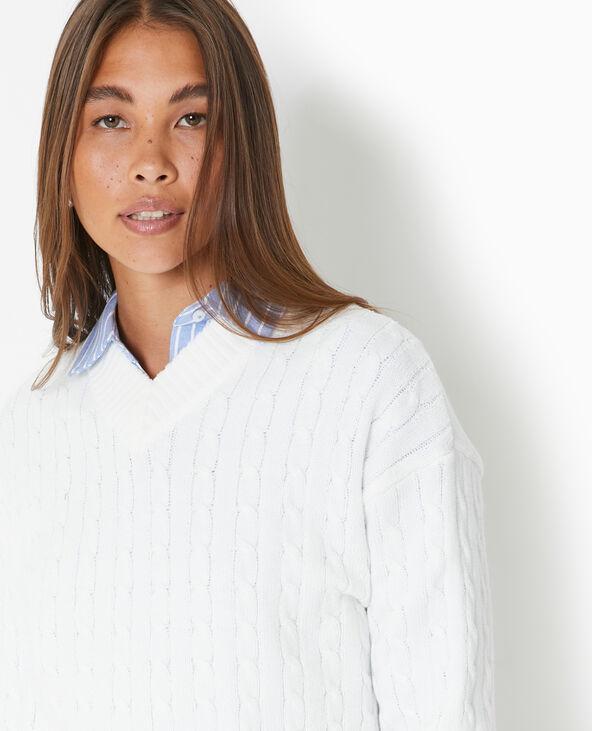 Pull en maille torsadée col V blanc - Pimkie