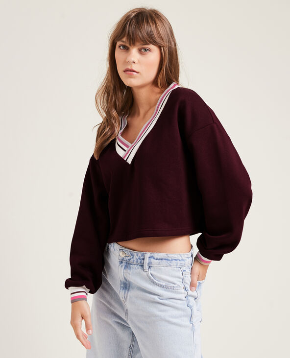 Sweat cropped col V bordeaux - Pimkie