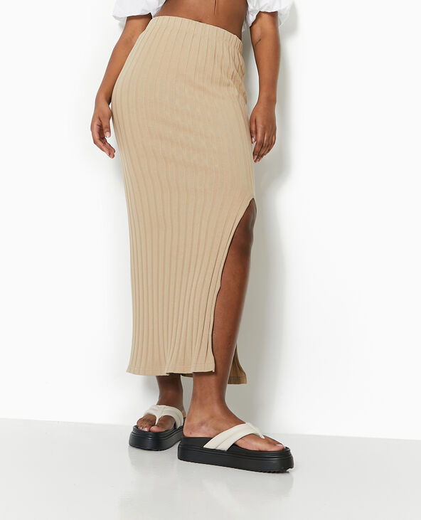Jupe longue en maille côtes plates beige - Pimkie