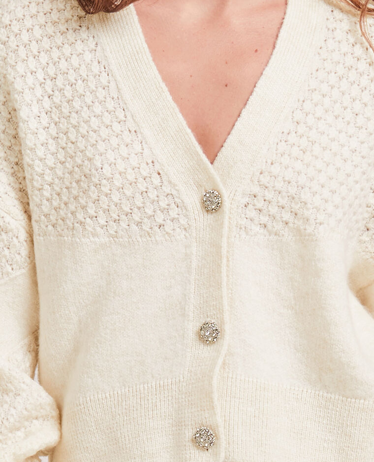 Gilet maille fantaisie boutons strass blanc cassé - Pimkie