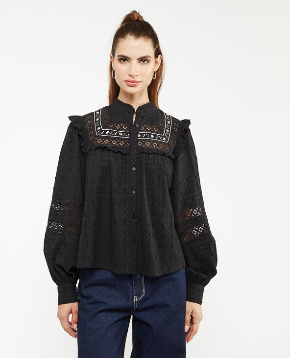 Blouse boutonnée avec dentelle et volants noir - Pimkie