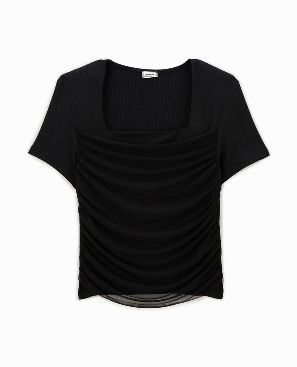 T-shirt col carré avec tulle drapé devant noir - Pimkie