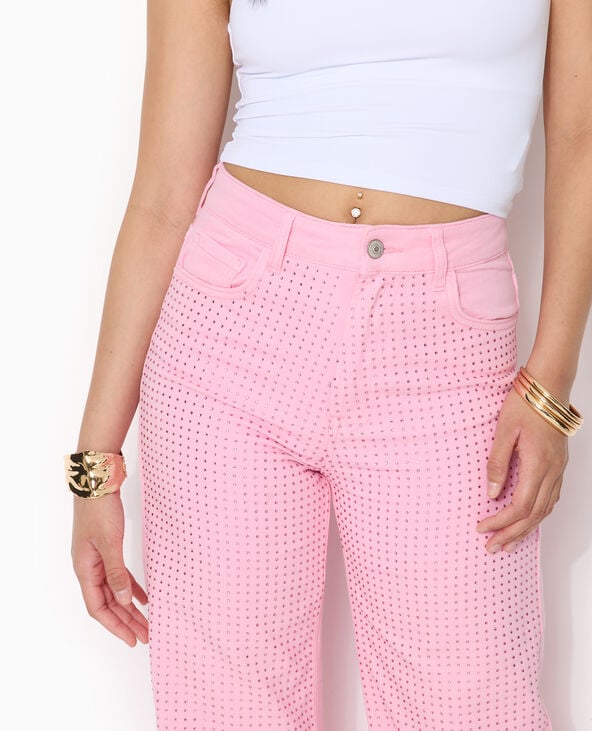 Jean droit taille haute avec strass devant rose - Pimkie
