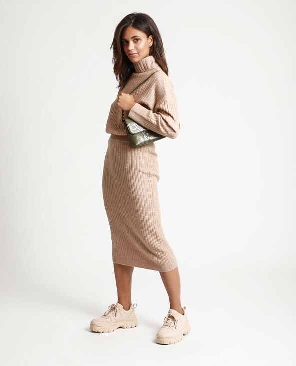 Ensemble maille côtelée pull et palazzo beige, confortable et chaud