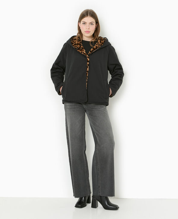 Manteau court réversible avec fourrure motif léopard noir - Pimkie