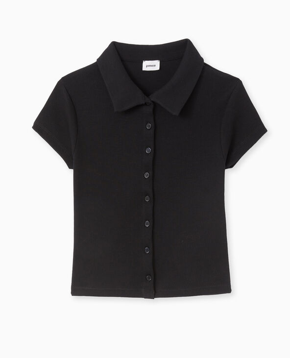 Polo court boutonnée en maille côtelée noir - Pimkie
